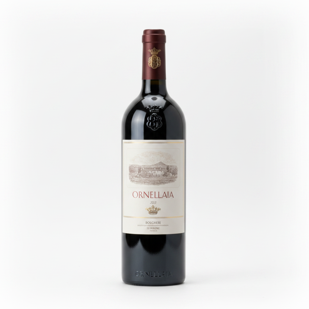 Bottle of Ornellaia red wine on a white background