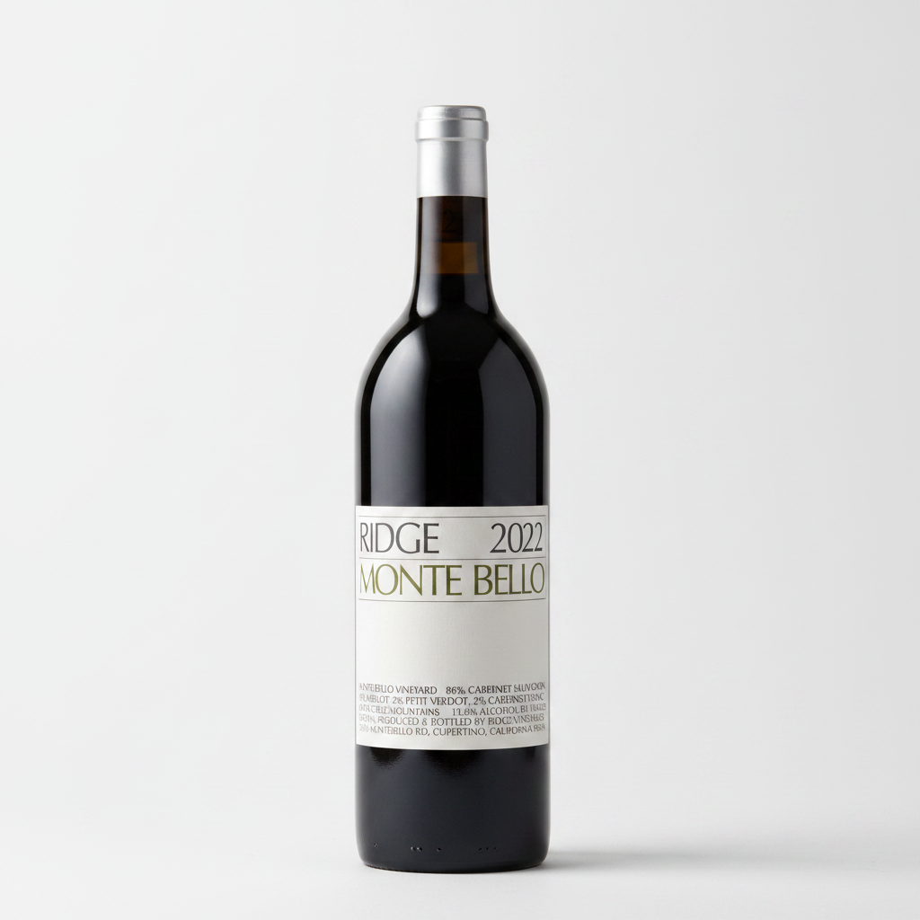 Red wine bottle with 'Ridge Monte Bello' label on a black background