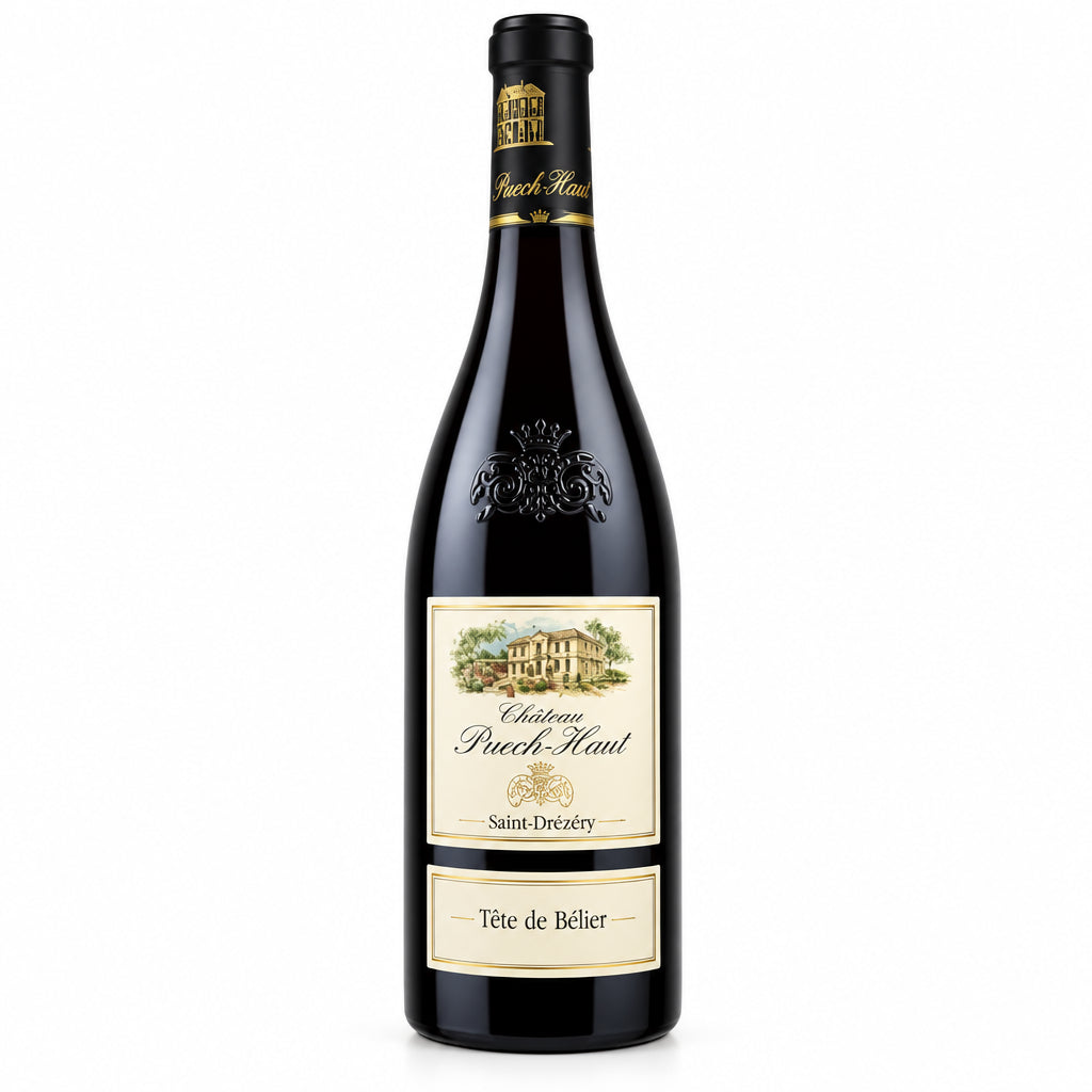 A bottle of Château Puech Haut Tête de Bélier red wine, featuring a dark glass bottle with a cream-colored label and gold foil at the neck, set against a plain white background.