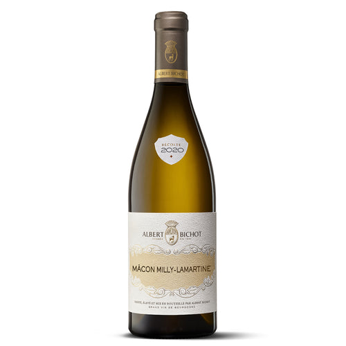 Wine bottle with Albert Bichot Macon Milly-Lamartine label on a white background