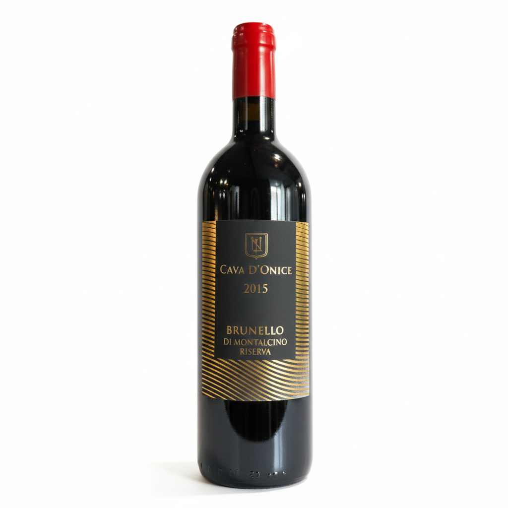 Bottle of Cava d'Onice Brunello di Montalcino Riserva 2015 wine on a white background