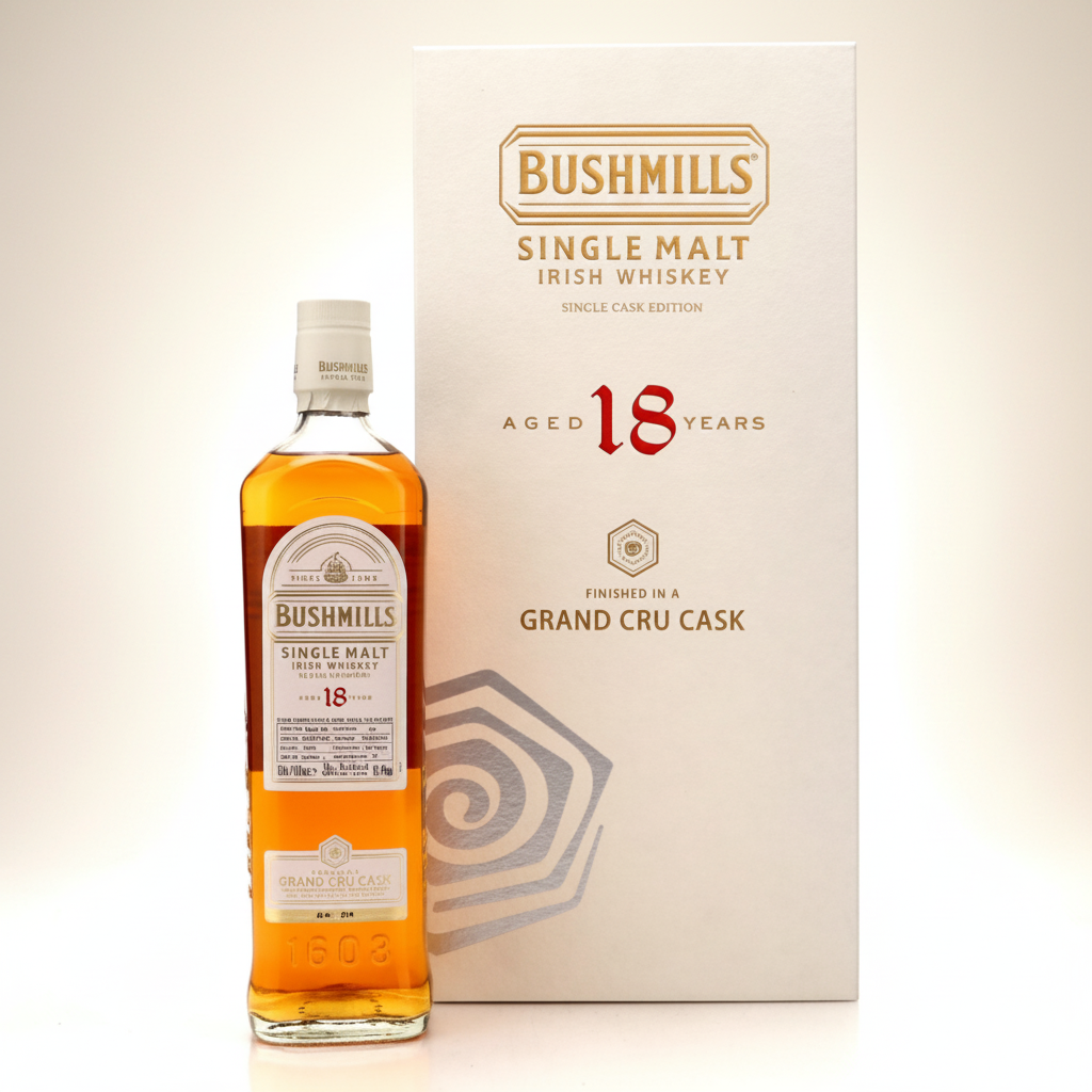 Bushmills 18-year-old  Grand Cru Cask single malt Irish whiskey bottle and packaging on a light background 