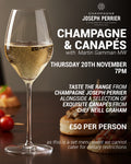 Promotional flyer for Champagne & Canapés event with a glass of champagne and canapés.