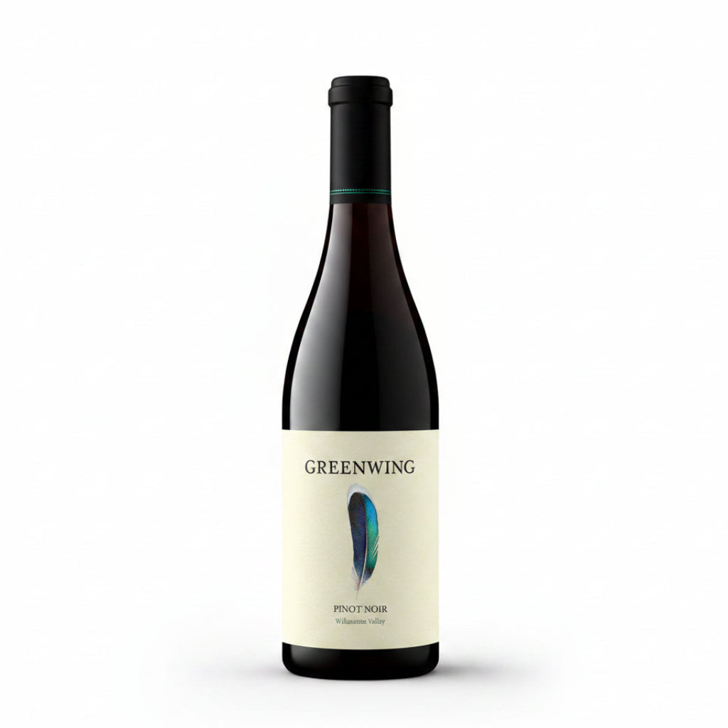 Greenwing Pinot Noir wine bottle on a white background