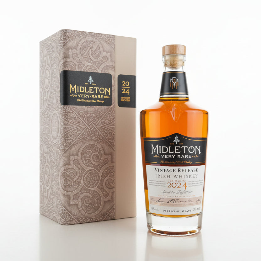 Midleton Very Rare whiskey bottle and box on a marble surface with blurred bar background