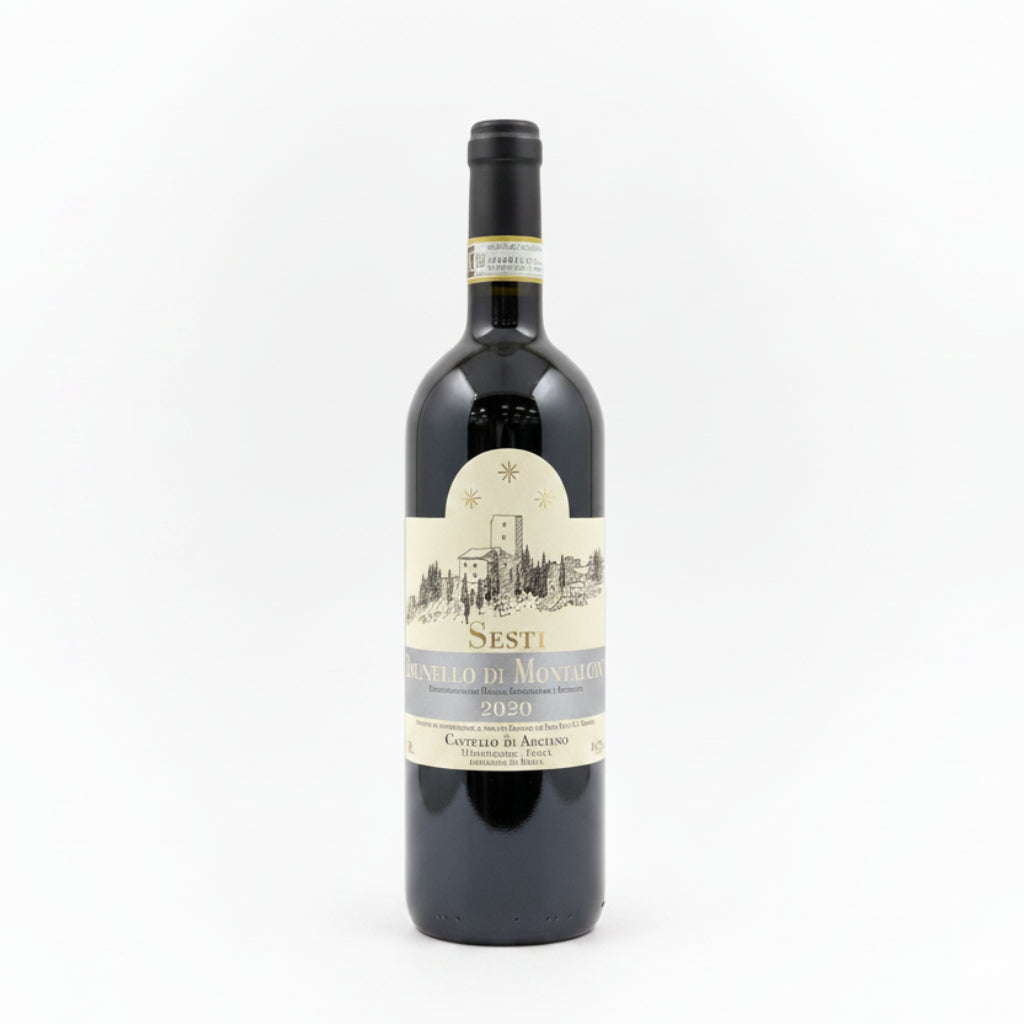 Wine bottle of Sesti Brunello di Montalcino on a white background