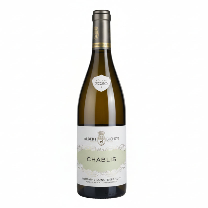 Wine bottle of Chablis by Albert Bichot on a white background