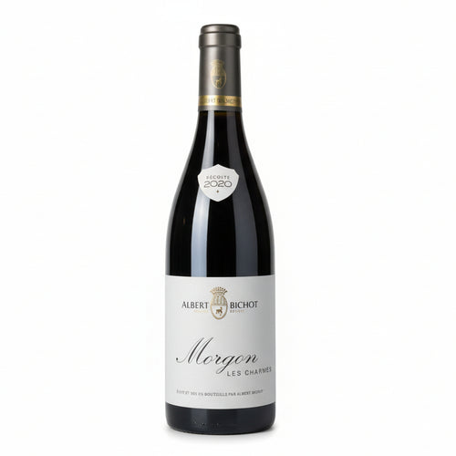 Red wine bottle with 'Albert Bichot Morgon' label on a white background