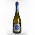 Wine bottle of Cava with a blue Villa Conchi Extrabrut Imperial label on a white background