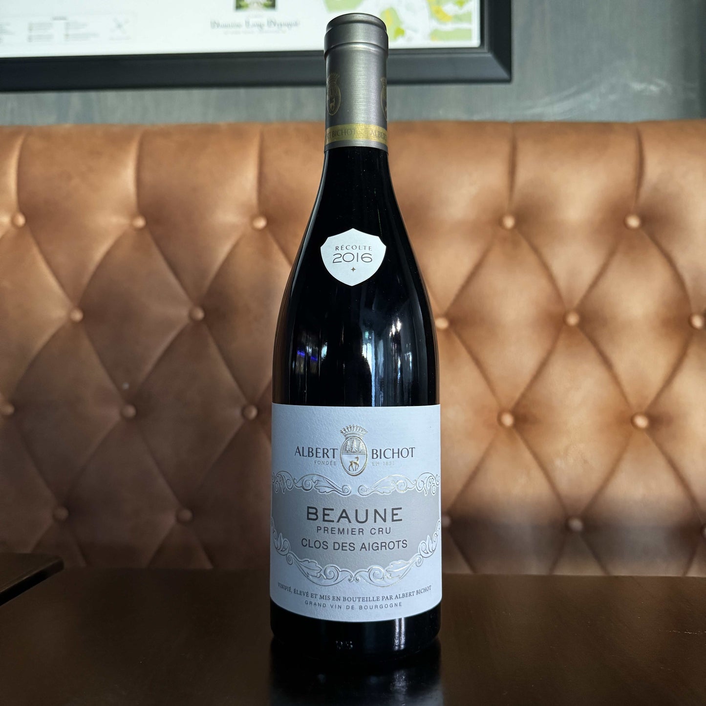 A bottle of Albert Bichot Beaune Premier Cru Clos des Aigrots wine. Burgundy, Pinot Noir