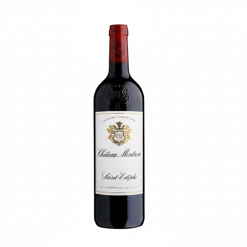 Red wine bottle with a visible label  of Chateau Montrose on a white background
