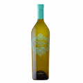 Wine bottle with decorative Pazo de San Mauro Albarino label on a white background