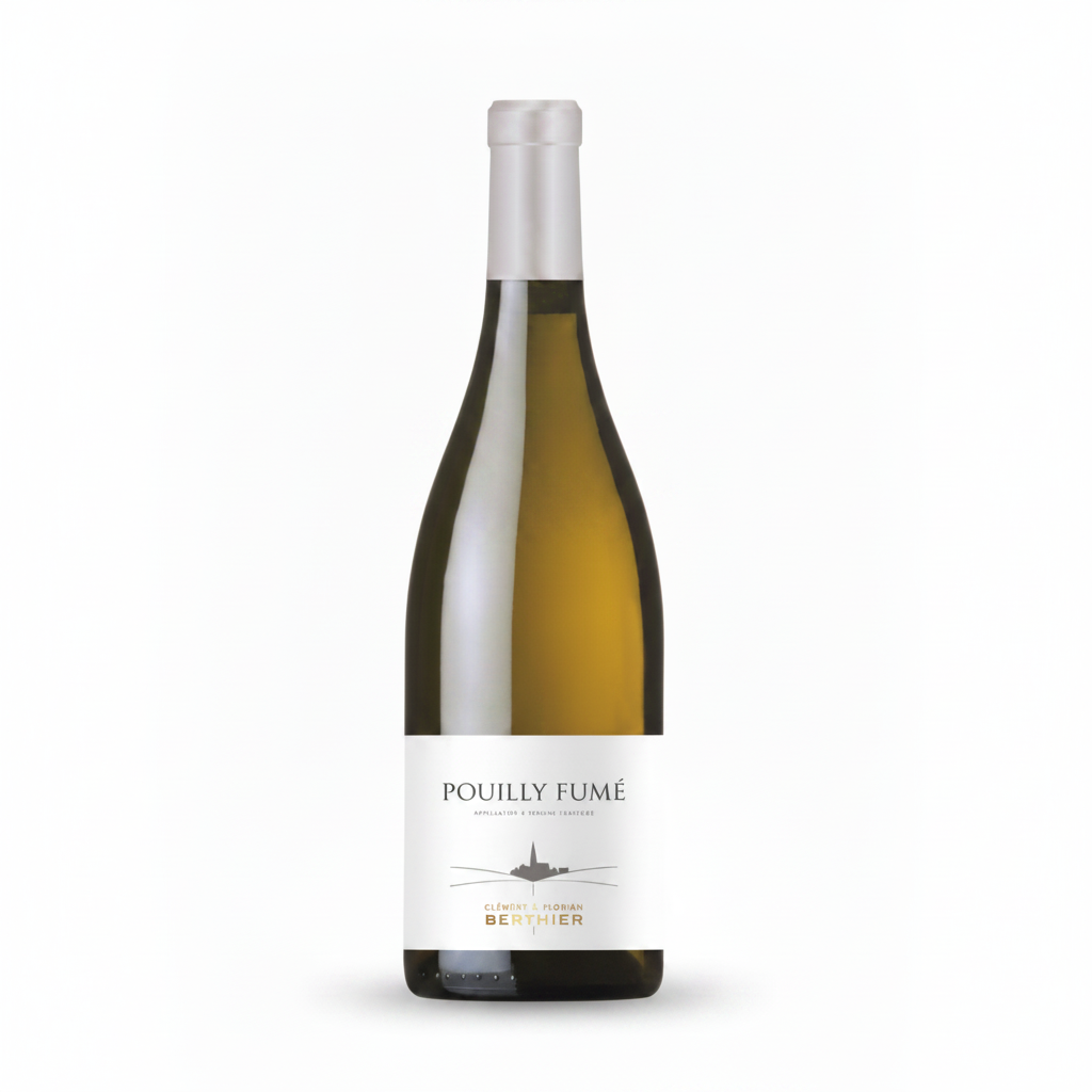 Pouilly Fumé wine bottle with a white label on a white background
