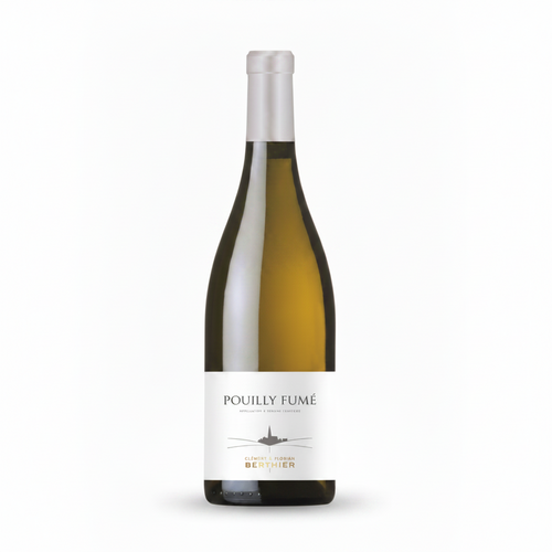 Pouilly Fumé wine bottle with a white label on a white background