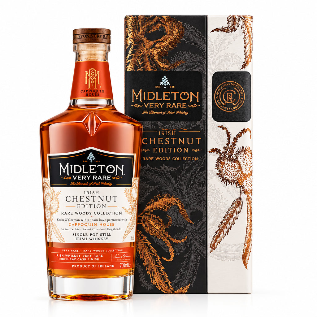 A bottle of Midleton Very Rare Chestnut Edition Dark Wood Collection Irish Whiskey stands in front of its illustrated black and white box on a warm beige background.