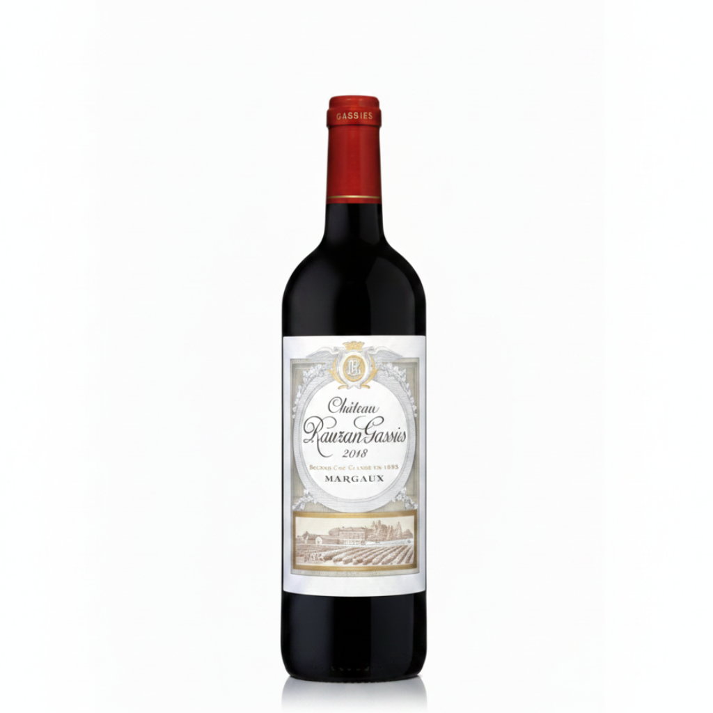 Bottle of Chateau Rauzan-Gassies red wine on a white background