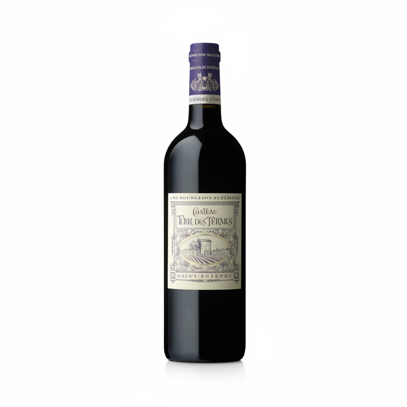 Bottle of Chateau Tour des Termes wine on a white background