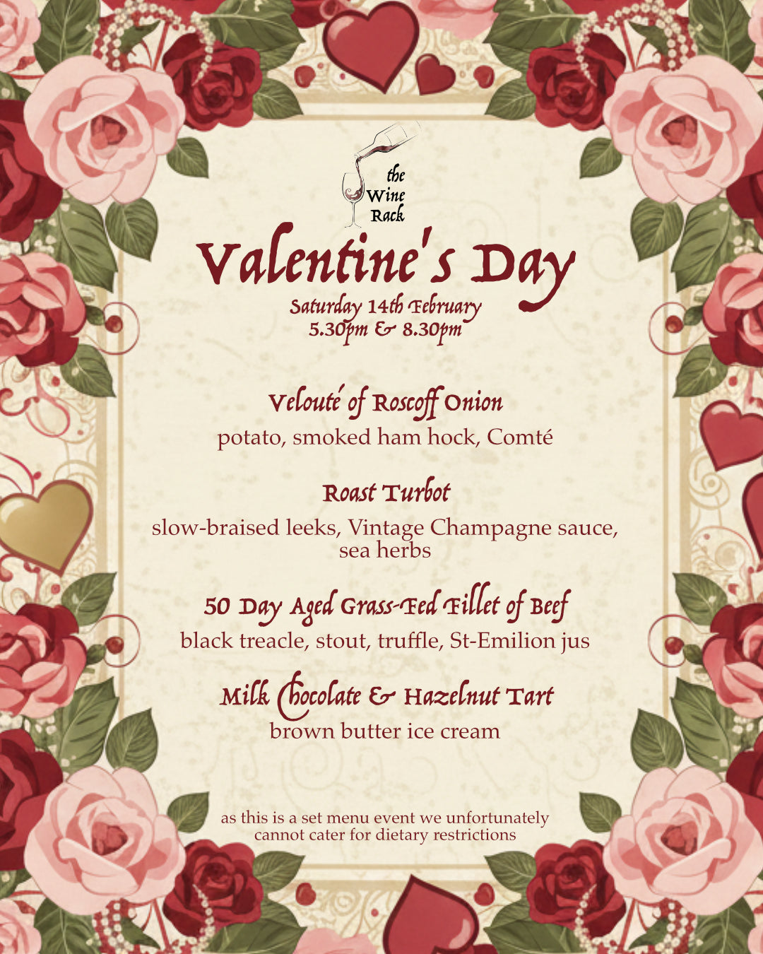 Valentine's Day menu with floral design and event details