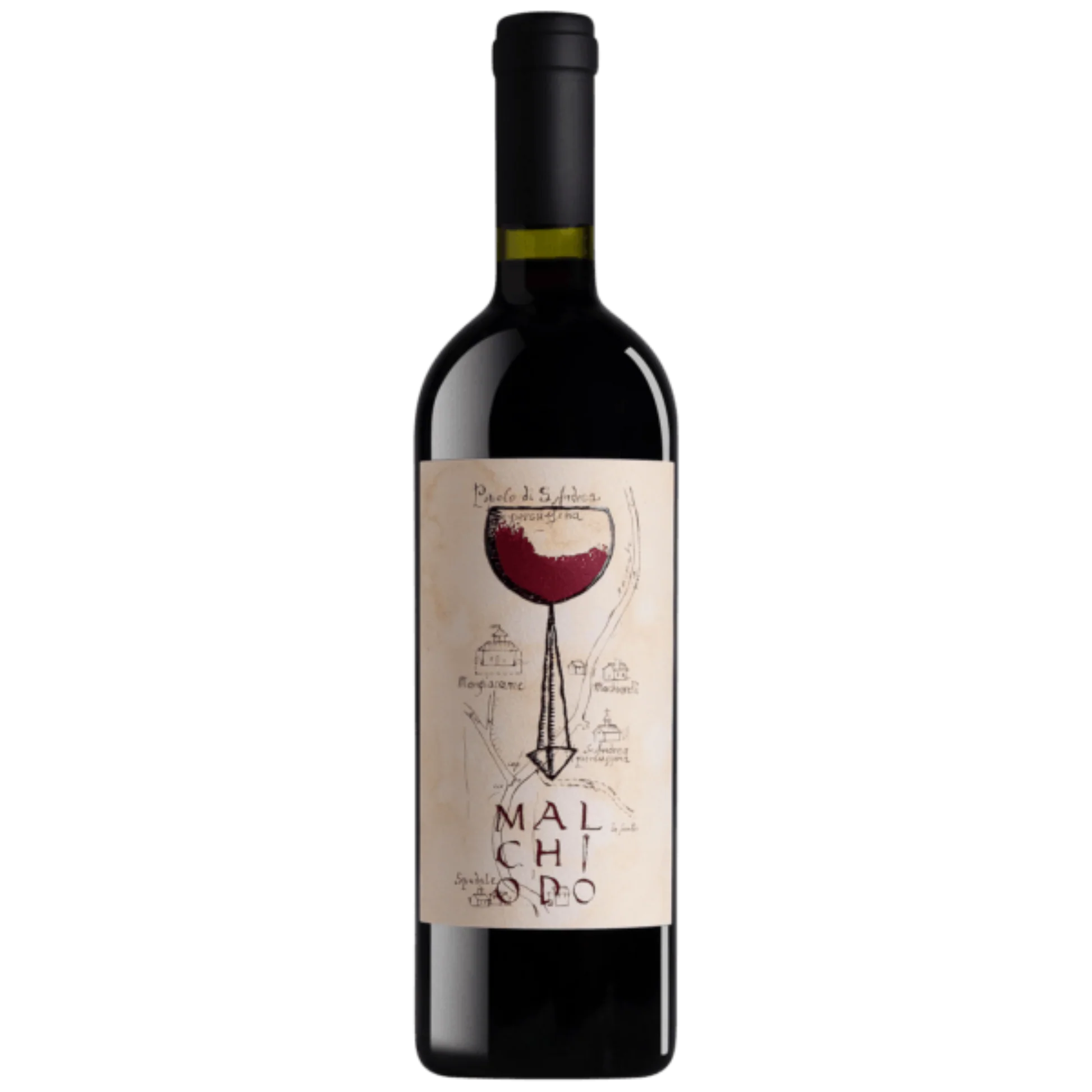 Villa Mangiacane Malchiodo Wine bottle with a label featuring a glass of red wine on a white background