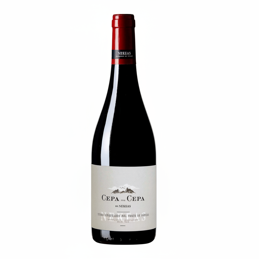 Bottle of Cepa por Cepa wine with a red cap on a white background
