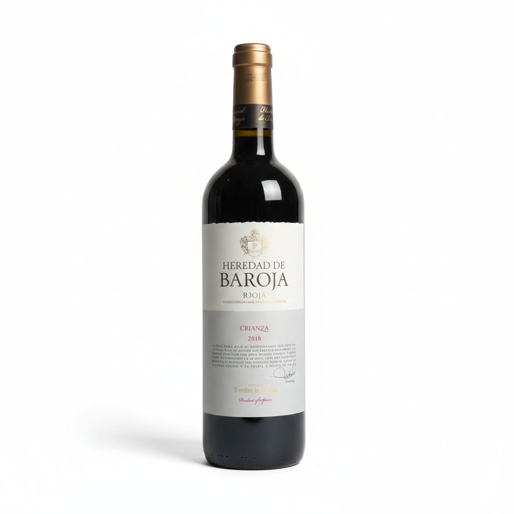 Bottle of Heredad de Baroja Crianza wine on a white background