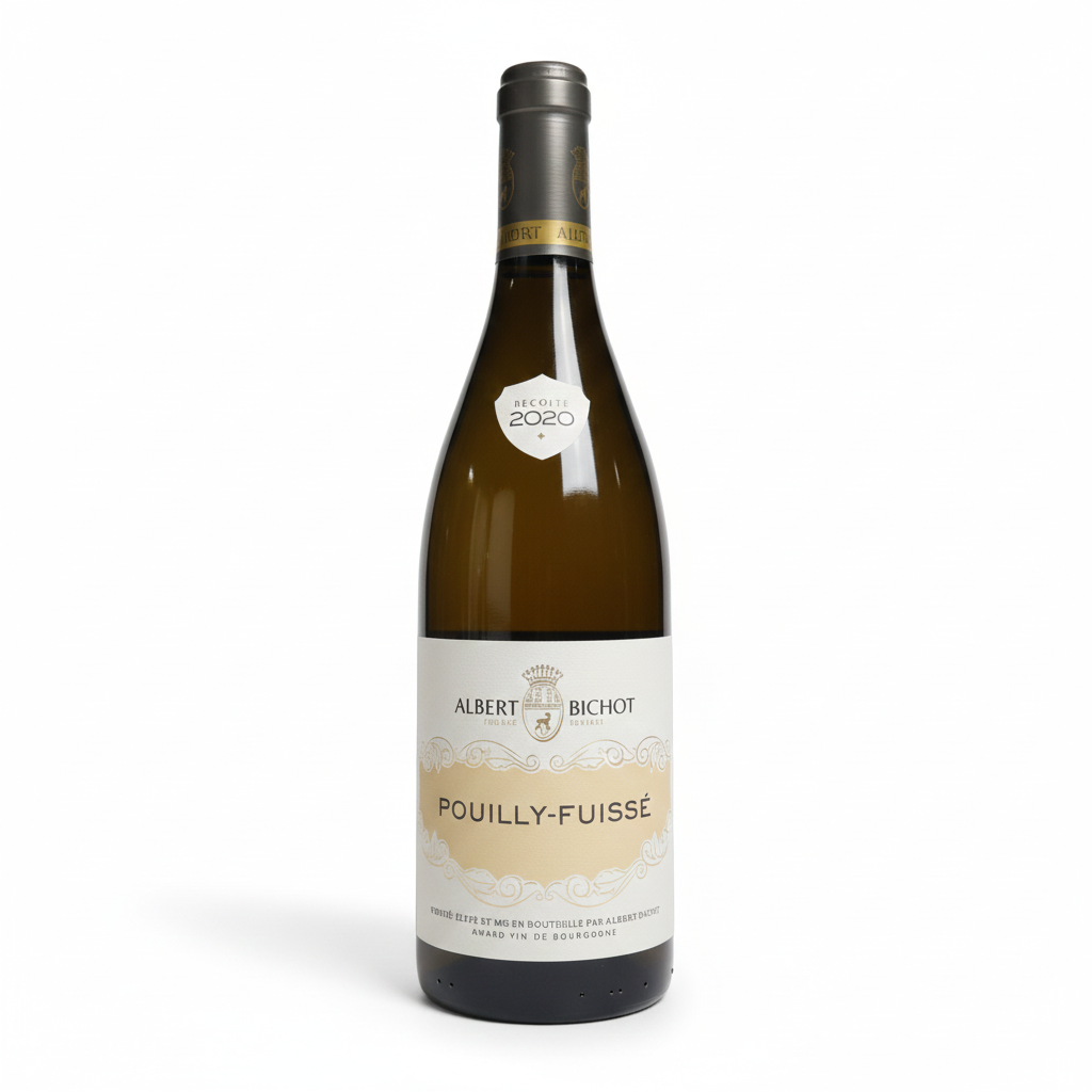 Wine bottle with Albert Bichot Pouilly Fuisse label on a white background