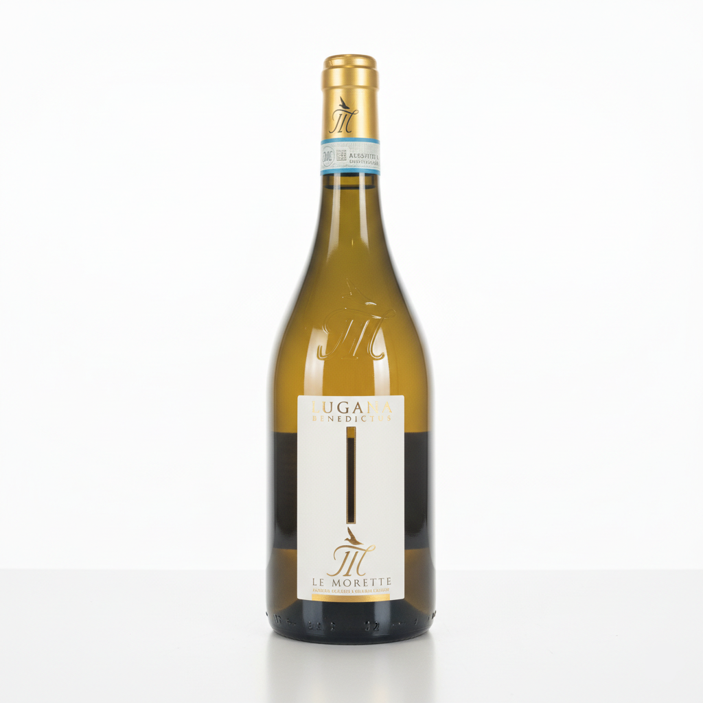 Le Morette Benedictus Wine bottle with a gold cap and white label on a white background