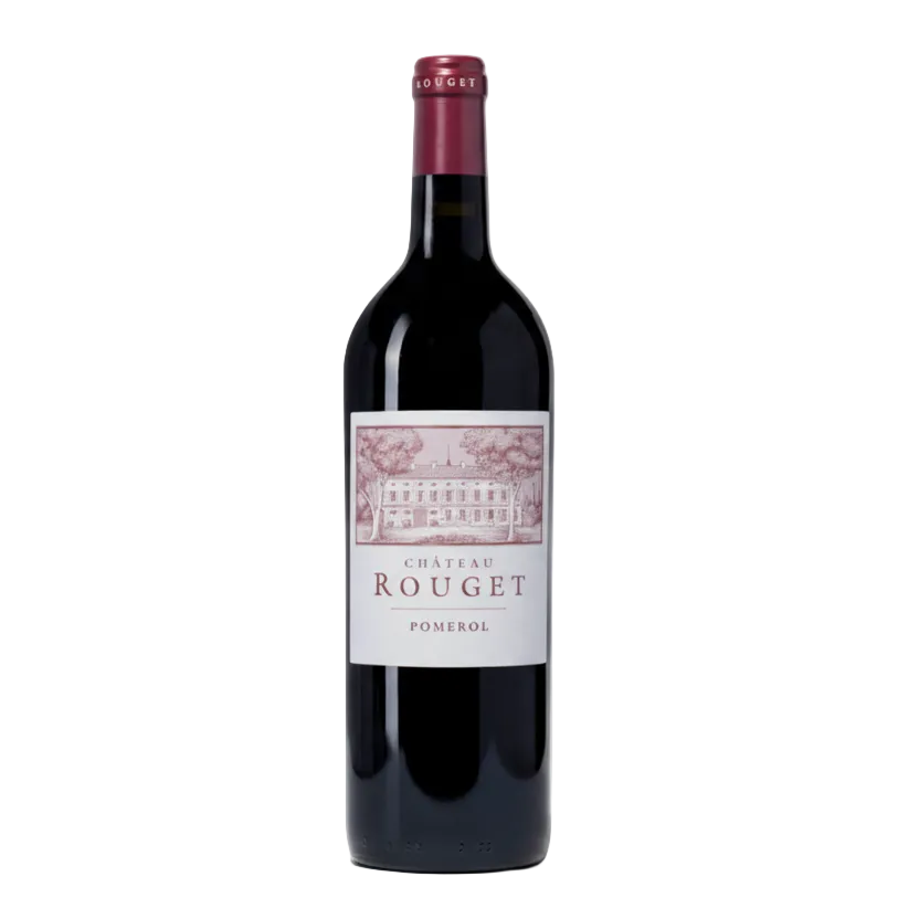 Bottle of Château Rouget Pomerol wine with a visible label.