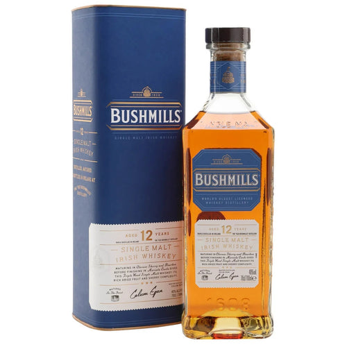 Bushmills 12-year-old single malt Irish whiskey bottle and packaging on a white background