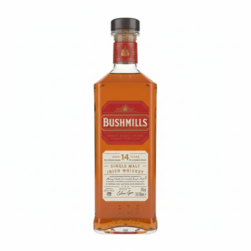 Bottle of Bushmills 14-year-old single malt Irish whiskey on a white background