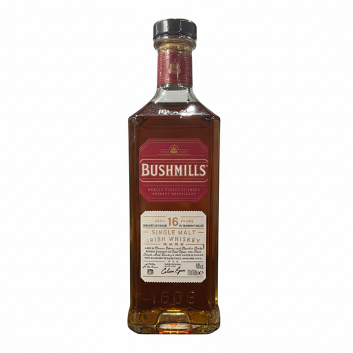 Bottle of Bushmills 16-year-old single malt Irish whiskey on a white background