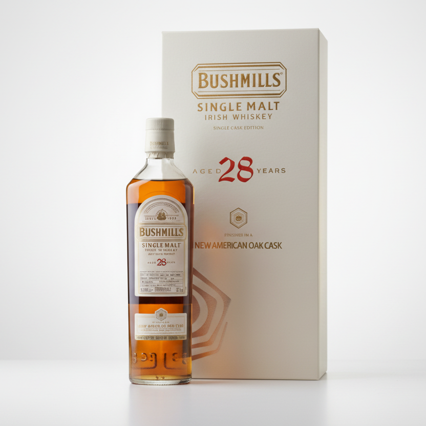 Bushmills 28-year-old  New American Oak Cask single malt Irish whiskey bottle and box on a white background