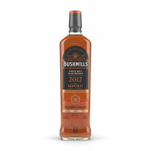 Bottle of Bushmills Causeway Collection 2012 Pomerol Cask whiskey on a white background