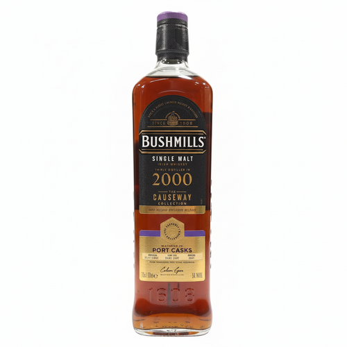 Bottle of Bushmills Causeway Collection 2000 Port Cask whiskey on a white background