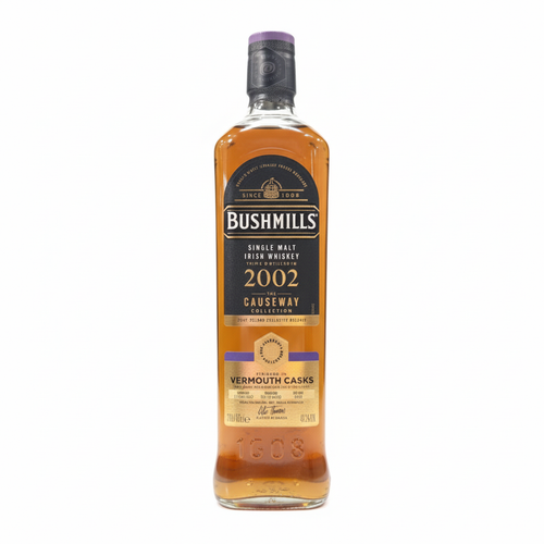Bottle of Bushmills  Causeway Collection 2002 Vermouth Cask whiskey on a white background