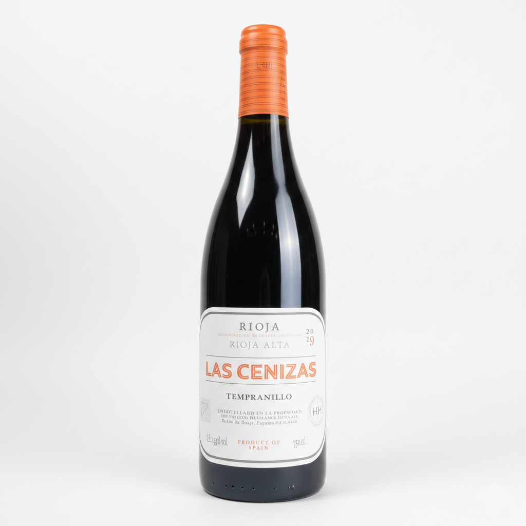 Las Cenizas Rioja Wine bottle with orange cork and white label on a white background