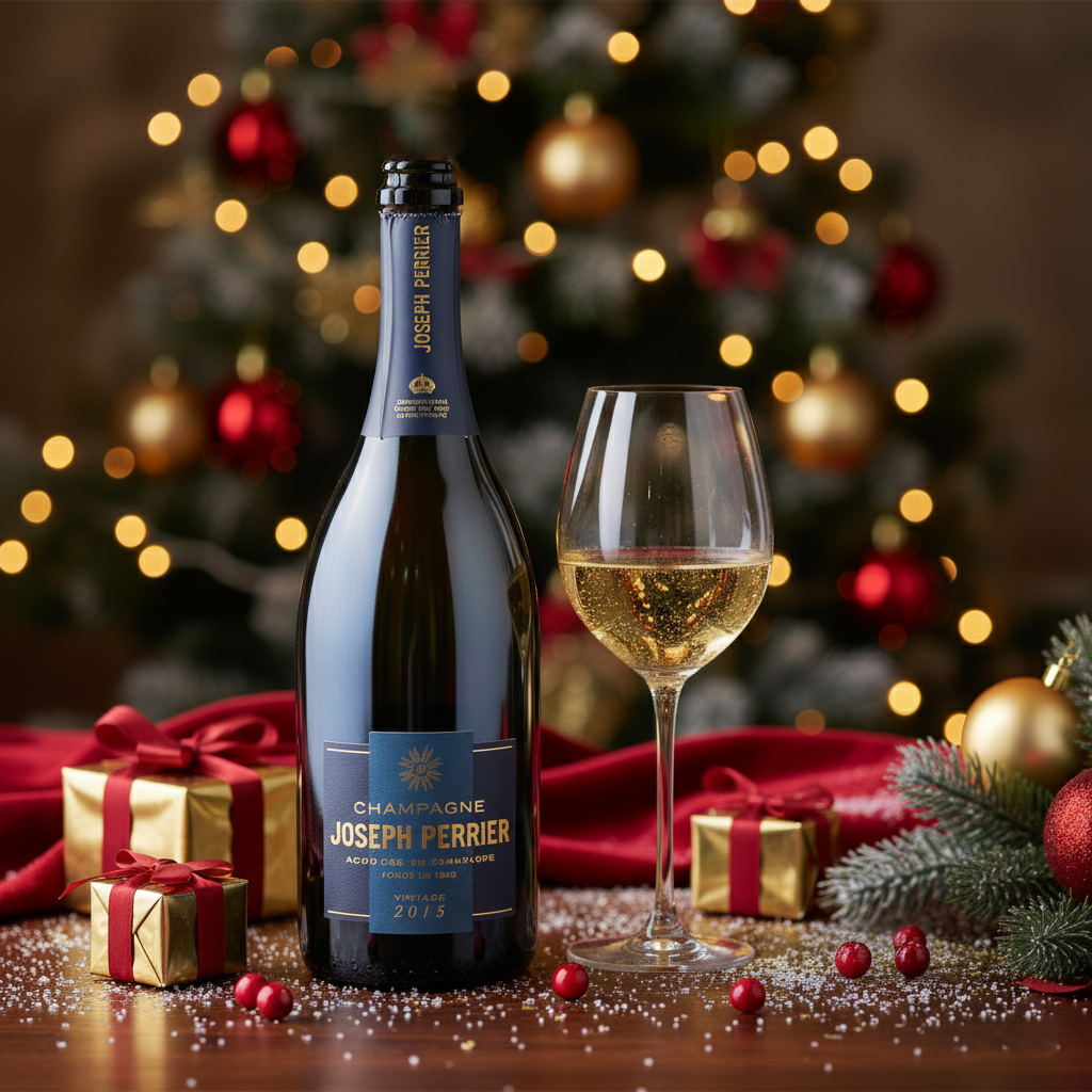 Joseph Perrier champagne bottle with a glass of champagne in front of a Christmas tree.