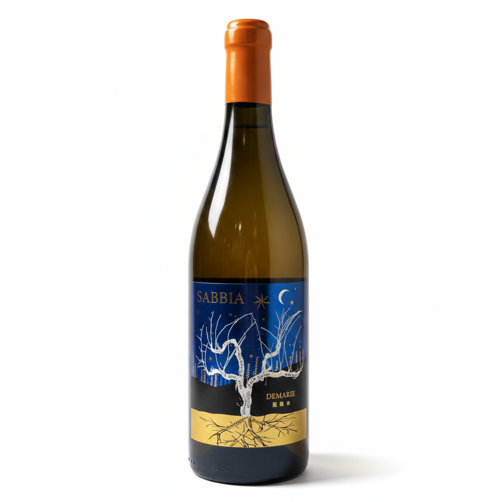 Demarie Sabbia Orange Wine bottle with a blue label featuring a tree design on a white background