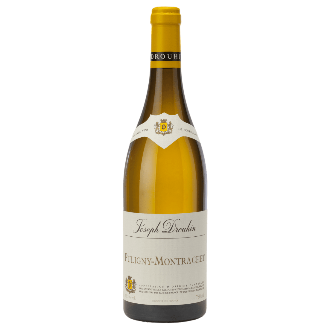 Joseph Drouhin Puligny-Montrachet Wine bottle with a yellow label on a white background