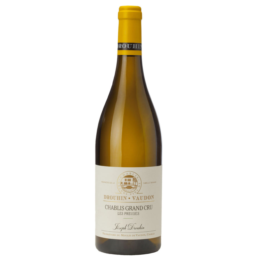 Wine bottle with a Drouhin Vaudon Chablis Grand Cru Les Preuses label on a white background
