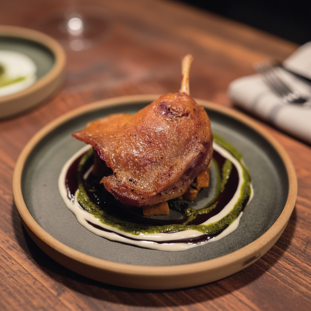 Duck dish on a green plate with a dark background