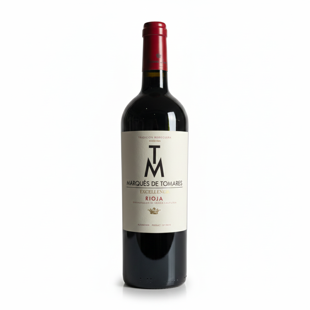 Marques de Tomares Excellence Rioja wine bottle on a white background