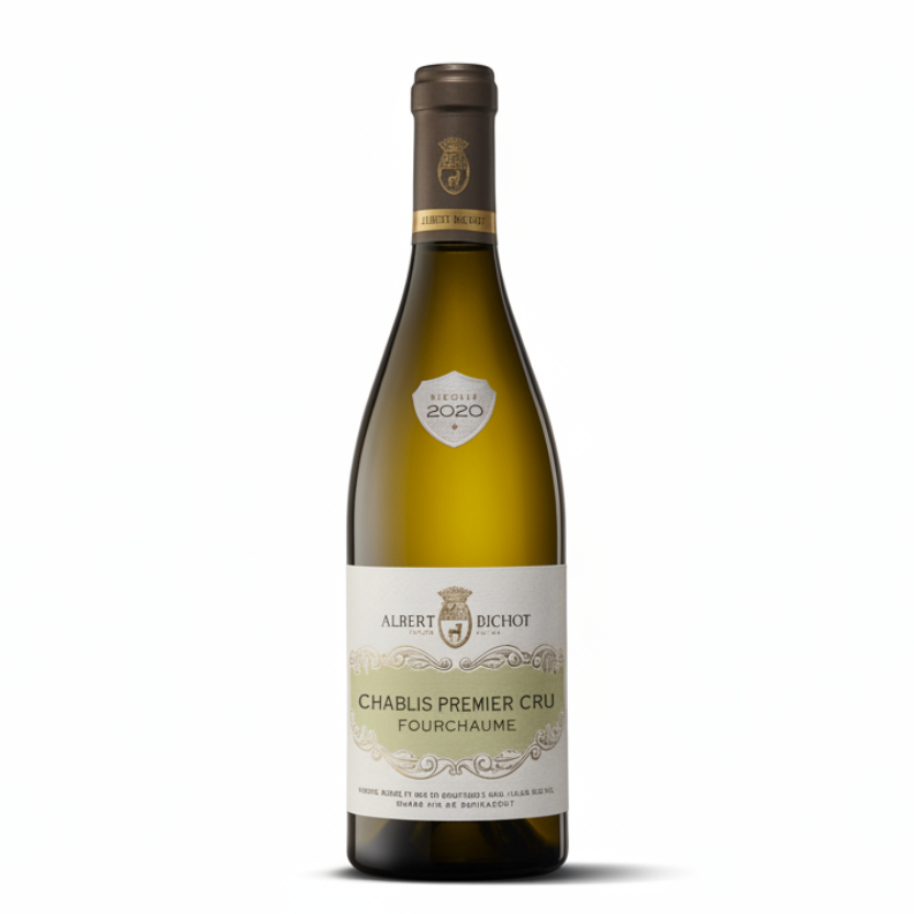 Albert Bichot Chablis Premier Cru Fourchaume wine bottle with label on a white background