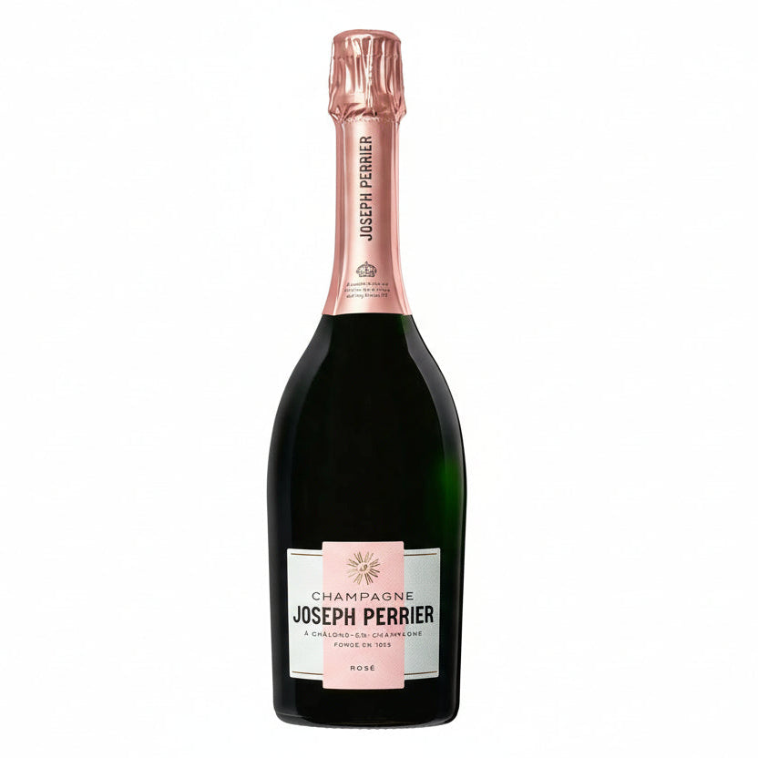 Bottle of Joseph Perrier champagne with a pink foil top on a white background