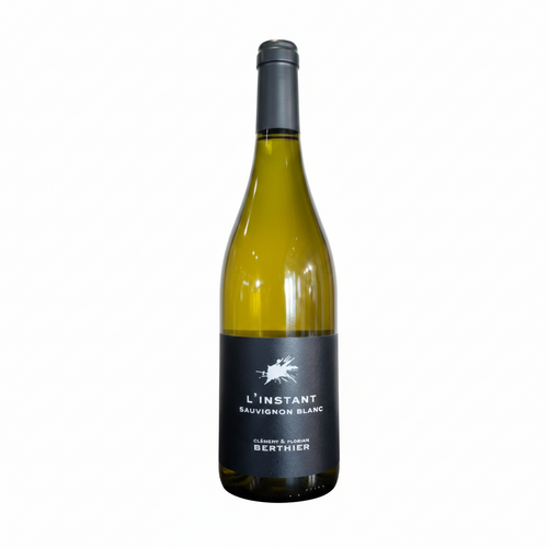 Bottle of L'Instant Sauvignon Blanc wine on a white background