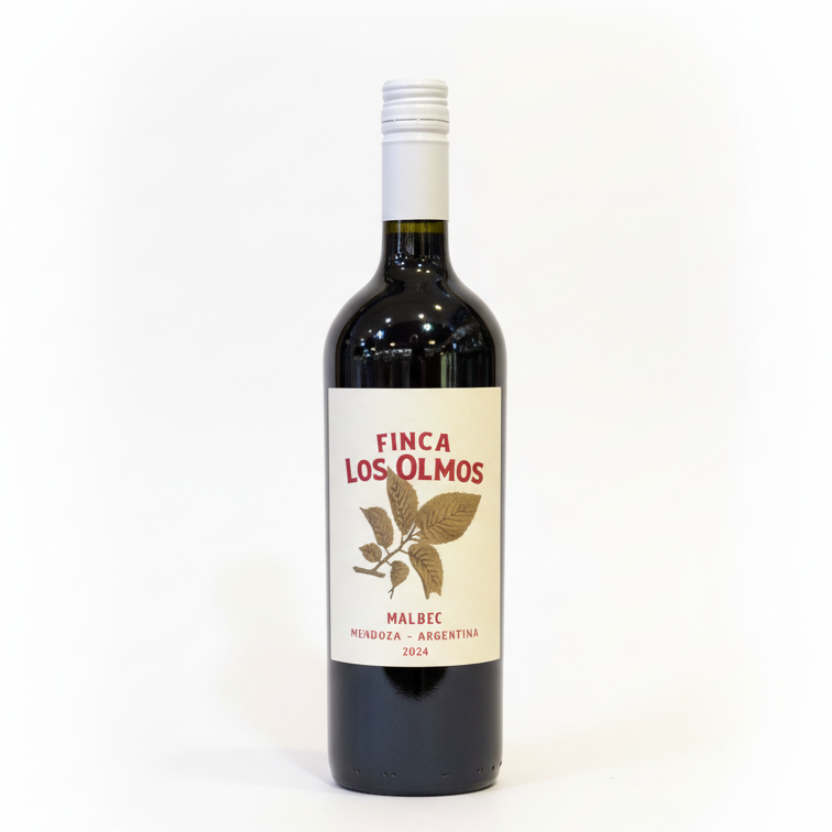 Bottle of Finca Los Olmos Malbec wine with a white label on a white background