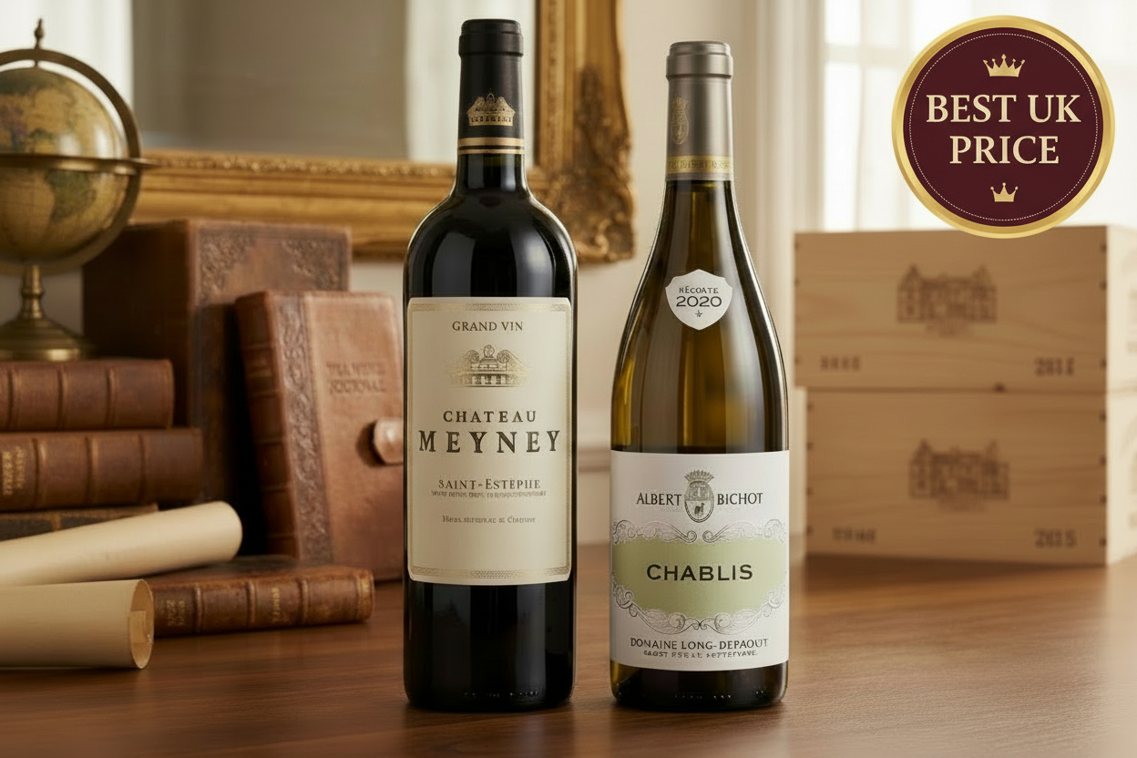 Two wine bottles, one red and one white, on a wooden surface with a decorative background.