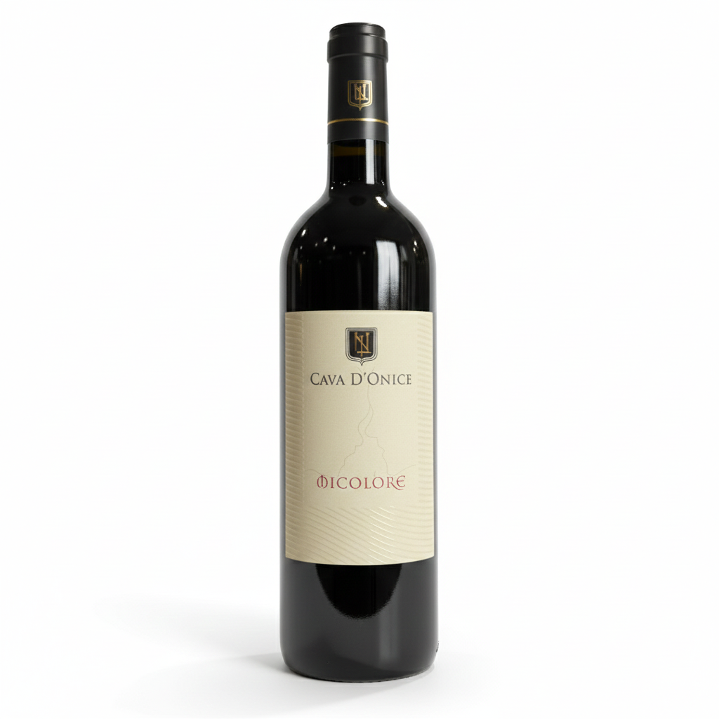 Wine bottle with a Cava d'Onice Micolore label on a white background