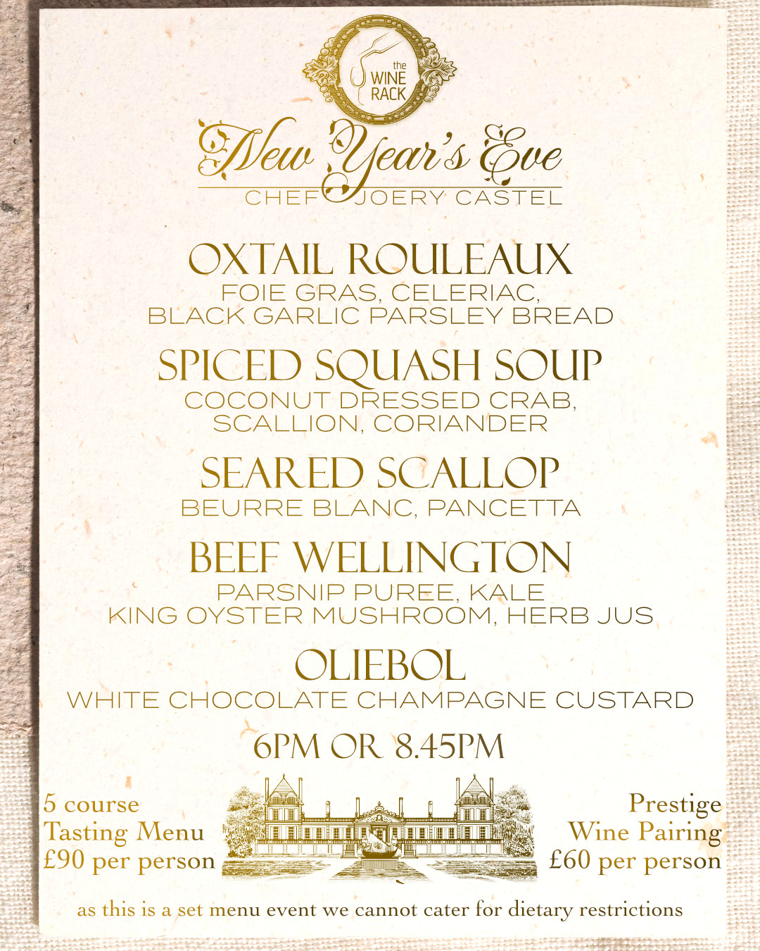 A printed New Year's Eve chef's dining menu card from The Wine Rack, featuring elegant gold typography on an off-white textured background with a beige linen border.