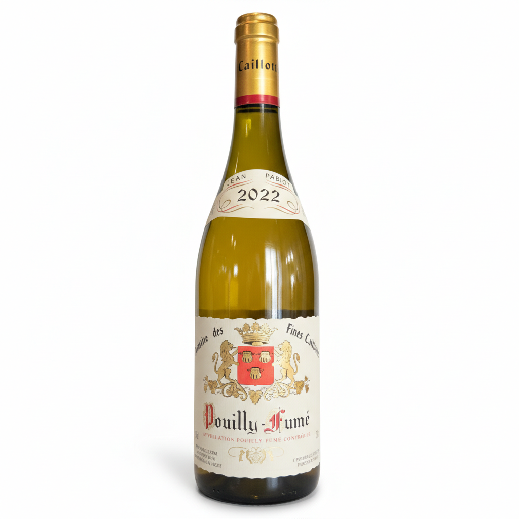 Pabiot Pouilly Fume Wine bottle with gold foil cap and detailed label on a white background